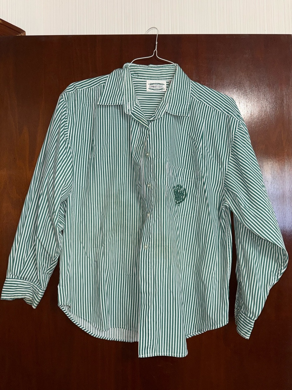 Separate Issue Vintage Size 18 Green Striped Button-Up Shirt Crest Cotton Blend